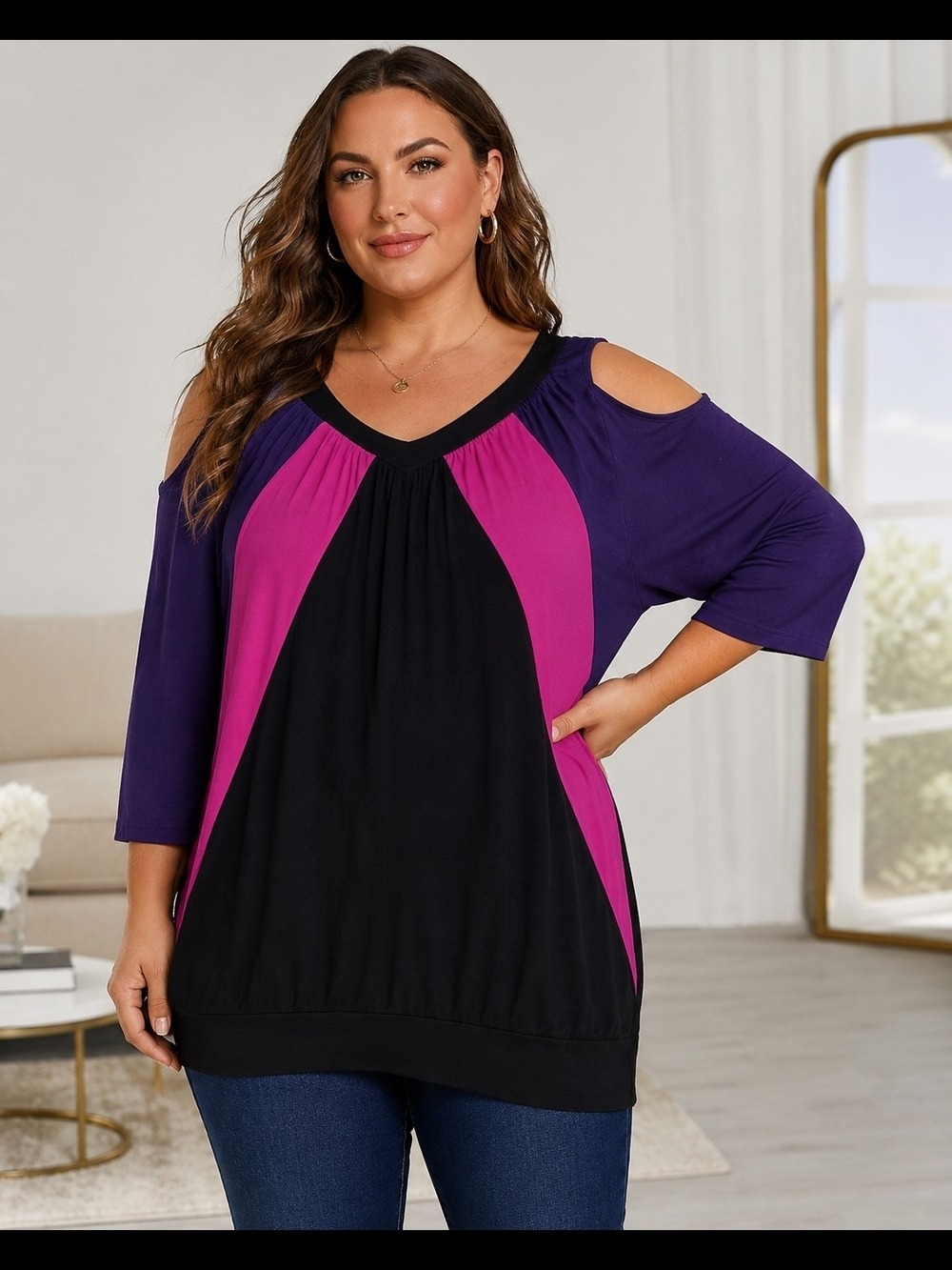 AE City Cold Shoulder Tunic Top 1X Black Purple Pink Colorblock Stretch